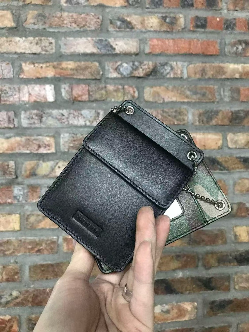 Supreme Leather Card Wallet with Chain - Black